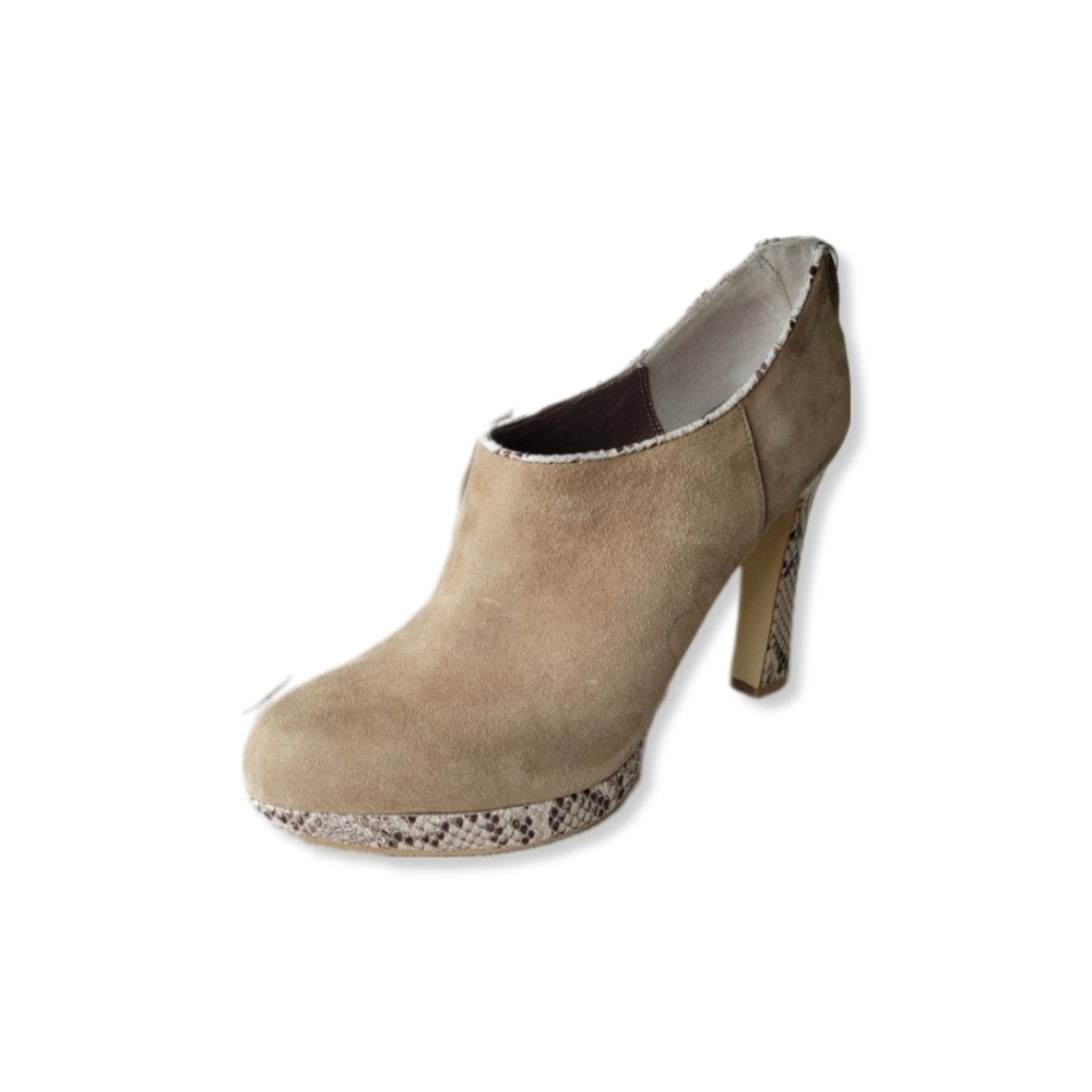 Audrey Brooke Shoes Tan Suede Booties  Snakeskin Heels & Trim Back Zip S…
